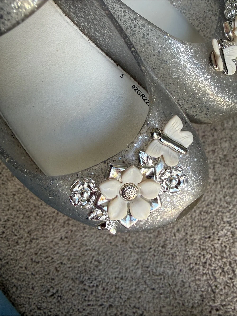 Mini Melissa Silver Glitter Mary Jane Shoes with Flower Accents